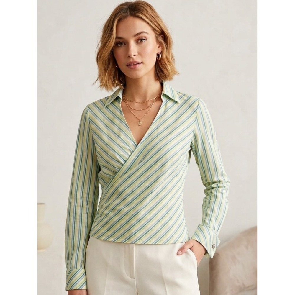 Kye S Wrap Style Striped Blue Green Blouse Korean Designer Crystal Buttons